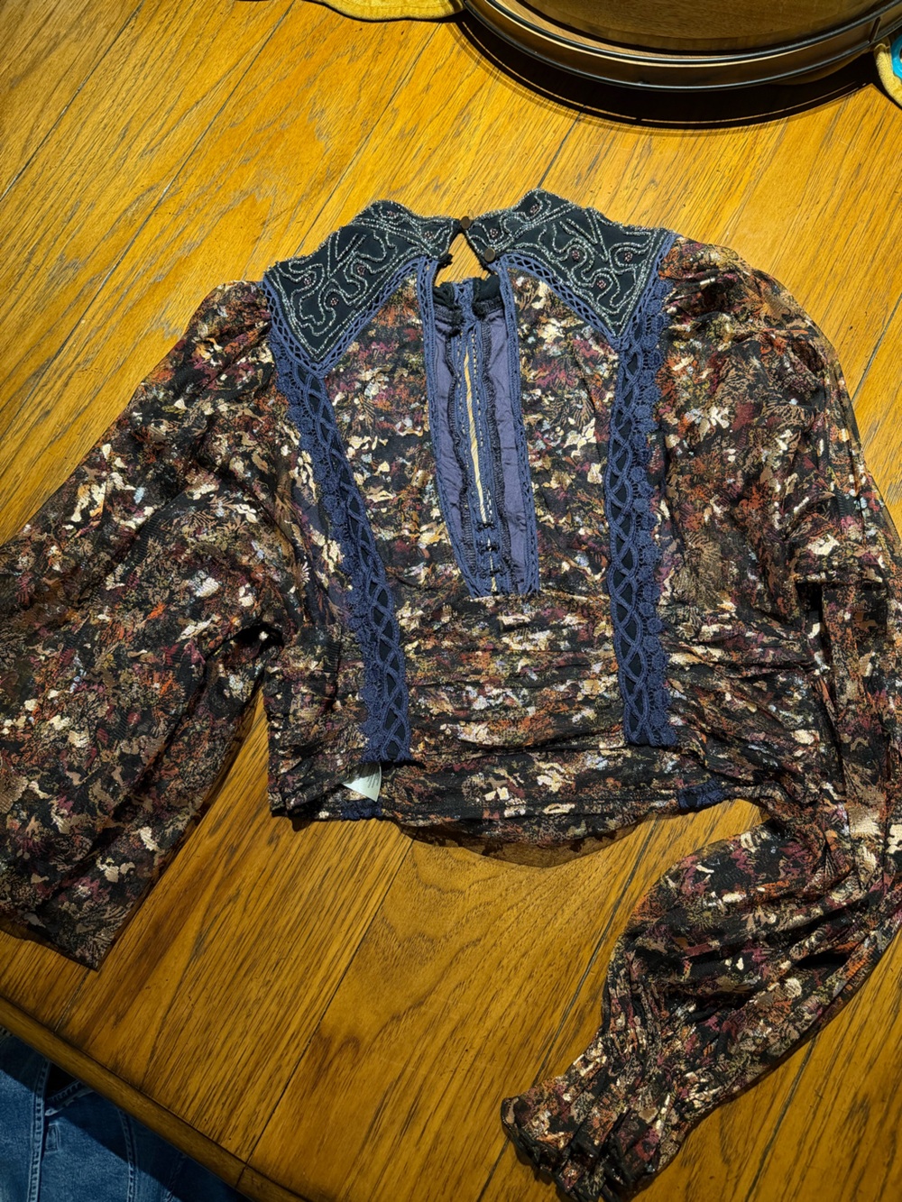 Free People Floral Lace Trim and Embroidered Blouse